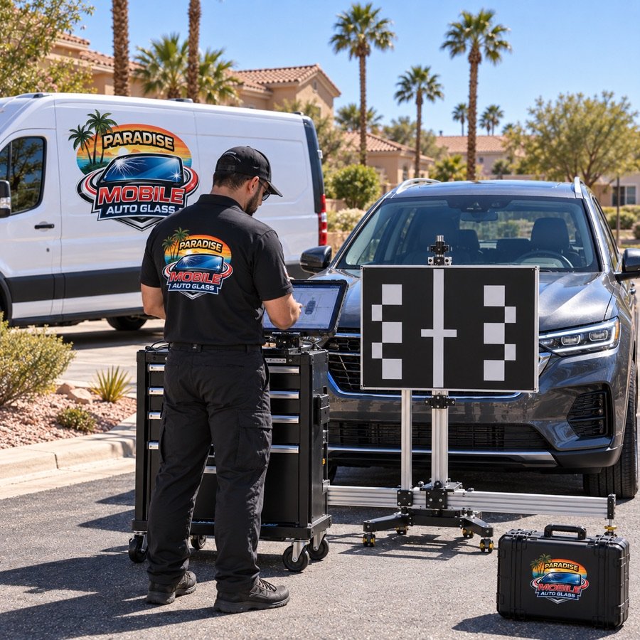 Technician calibrating driver-assistance cameras with a target board in front of an SUV