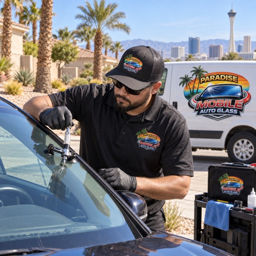 Technician repairing windshield glass on site with the Las Vegas skyline in the distance